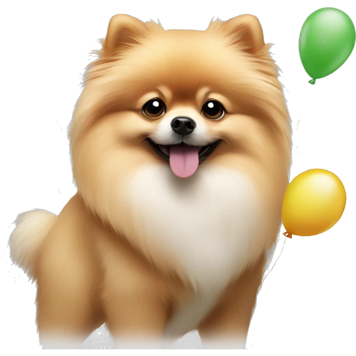 Pomeranian holding birthday baloons emoji