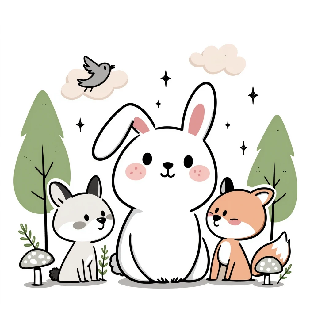 kawaii mori forest in hand-drawn Japanese style, soft pastel bunny with round baby face, big sparkling eyes, pink blush, surrounded by squirrel, bear, fox, and bird, soft pastel green forest with dreamy clouds, pastel stars, mushrooms, soft pastel tones, transparent background, high resolution emoji