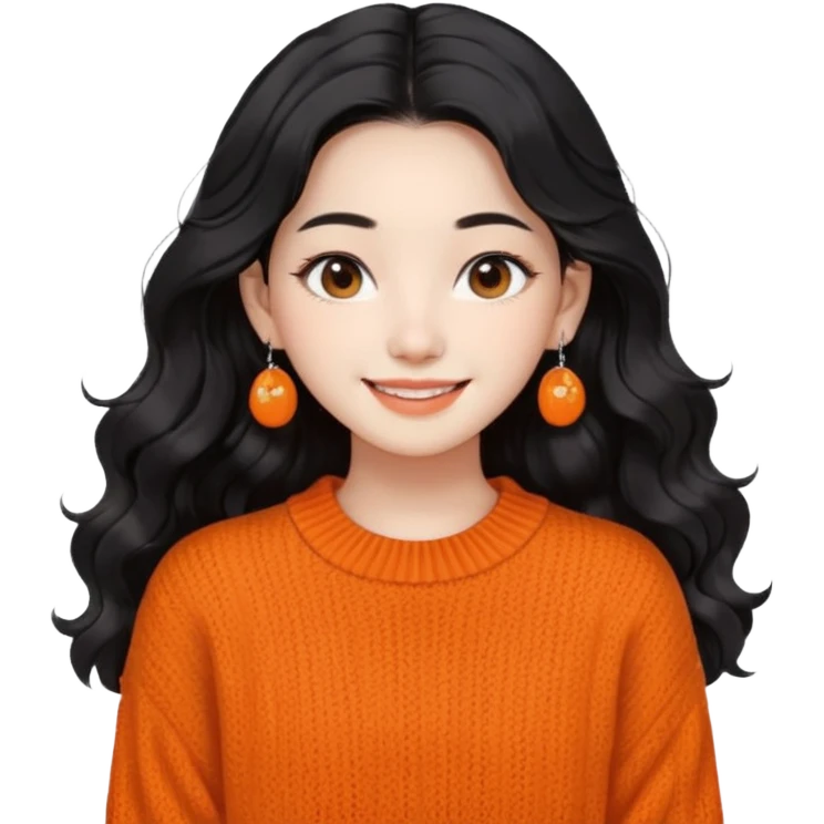 Korean 24-year-old female online shopping mall seller / Orange knit / White face / Earrings / Smiling expression / Long wavy hair / Influencer vibe / Fashionable / Black hair emoji