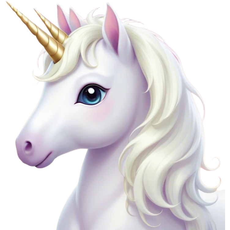 Cinematic Cute White Unicorn Portrait Emoji, Head tilted playfully and inquisitively, featuring a charming, petite form with a silky white color, a delicately flowing mane and tail, and a tiny, sparkling horn, with large, dreamy eyes full of wonder, Simplified yet irresistibly adorable features, highly detailed, glowing with a warm, enchanting glow, high shine, affectionate and lively, stylized with a touch of fairy-tale whimsy, soft glowing outline, capturing the essence of a mischievous yet endearing white unicorn that seems as if it could gallop out of the screen into your heart! emoji