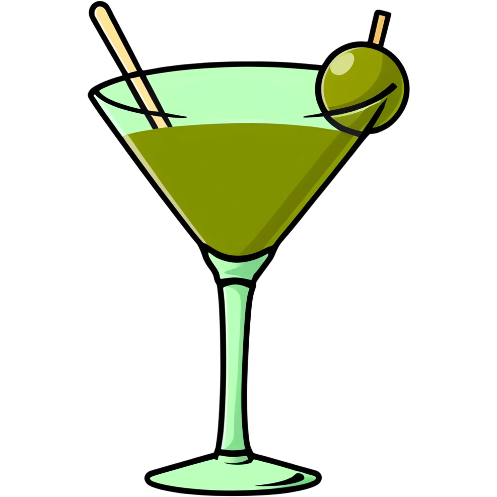 martini glass with completely colorless transparent liquid like pure water, with a green olive at the bottom skewered by a toothpick emoji