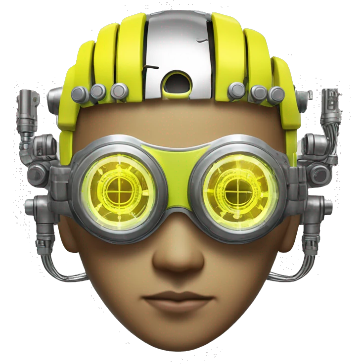Neon yellow short hair Asian male cyborg head with silver steampunk goggles and circuits emoji