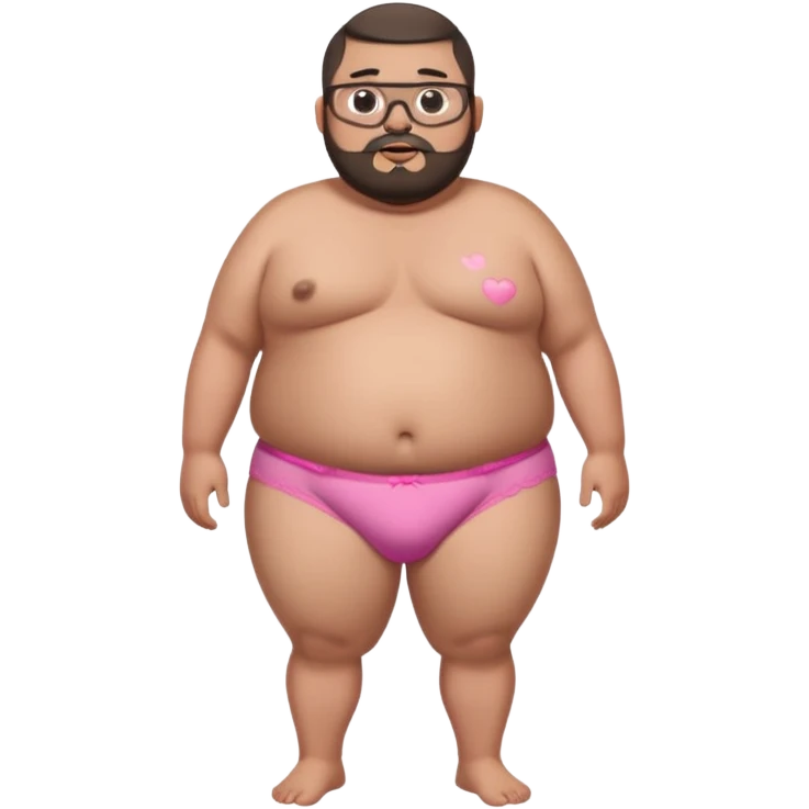 A full body standing, morbidly obese, fat, shirtless mexican guy in his pink and white heart underwear with a buzzcut, a beard, and glasses thats drooling emoji