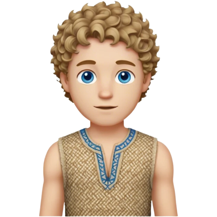 medieval summer outfit worn by a DnD themed fantasy male character. basic sleeveless rough-spun tunic with a decorative woven pattern along the edges. clothes only above the waist. The clothes full waist. The character's haven't arms. character is white-skinned, dark blonde hair, blue eyes, short curly hair. emoji