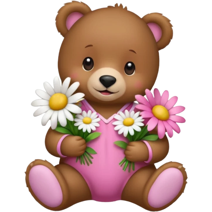 baby bear with a pink bow and onesie, holding a bouquet of daisies, surrounded by flowers, cute and cheerful, pink background, 3D iOS Apple emoji style emoji