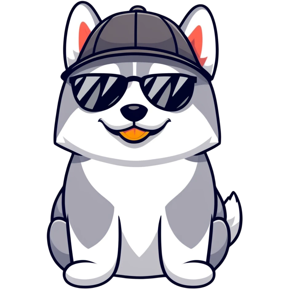 Husky dog wearing black sunglasses and a hat with duck pattern emoji