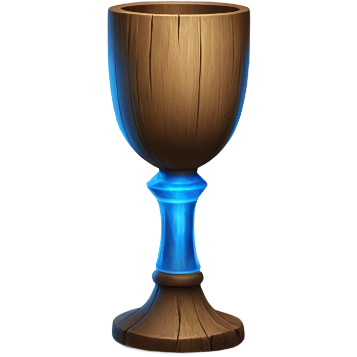 A magical goblet, large and imposing, made of aged wood with a smooth surface. It emits a vibrant blue light, standing out as a symbol of power and mystery. emoji