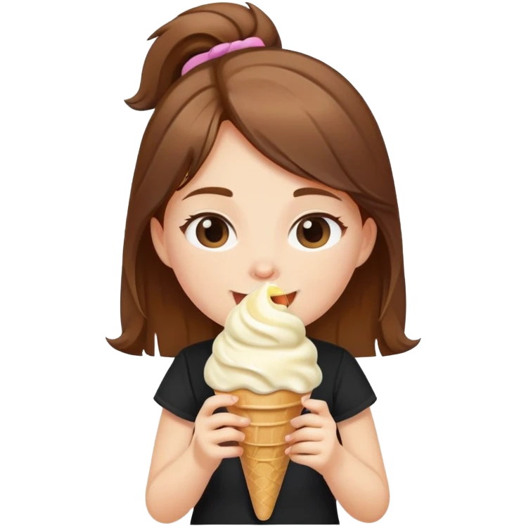 brown haired girl slurping vanilla ice cream cone happily wearing black shirt  emoji