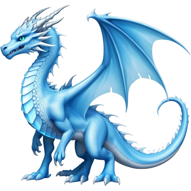 Cinematic Noble wise elegant Ice Dragon full body  Emoji, Poised and imposing, distinct long elegant snout, with a slender, scaled body shimmering in glacial hues of icy blue, frostbitten silver, and crystalline white, breathing out frost, with piercing, glowing ice blue white eyes that radiate the chilling depths of an arctic storm; rendered in detail. excuding wisdom emoji