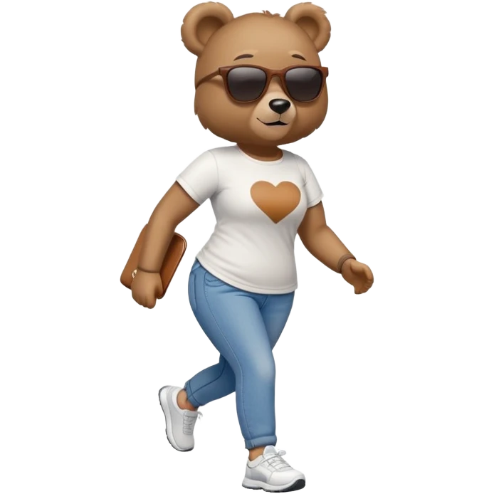 friendly anthropomorphised female bear in jeans and a t-shirt, wearing dark sunglasses, jogging upright in standard pose emoji