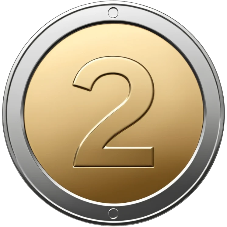 Emoji icon of a metal coin with engraved number 2, minimalist style, isolated, only metal color emoji