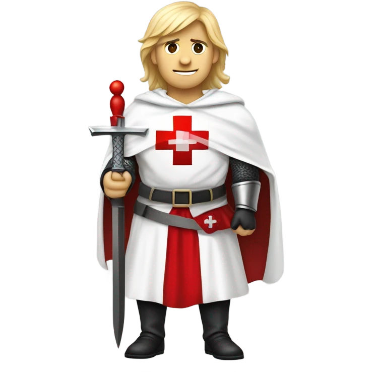 blond haired Masonic knight Templar wearing a white tunic with a Red Cross on the front and a white mantle with a hood with a Red Cross on the left side and a male face  and holding a sword. emoji