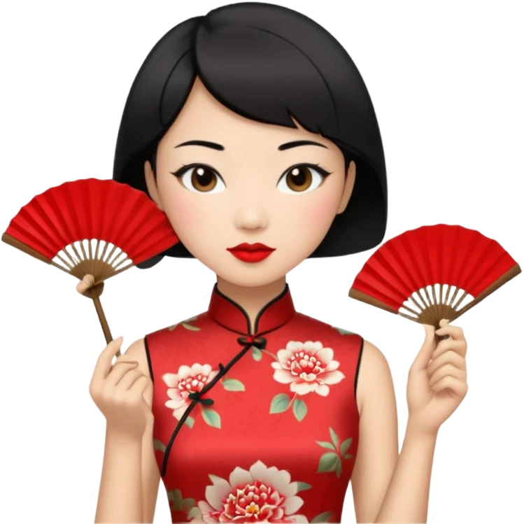 a chinese woman wearing a cheongsam holding a folding fan elegantly with fancy, red lipstick and short black hair emoji