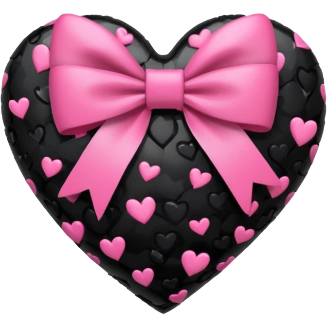 glossy broken black heart with a pink bow and heart pattern on the bow emoji