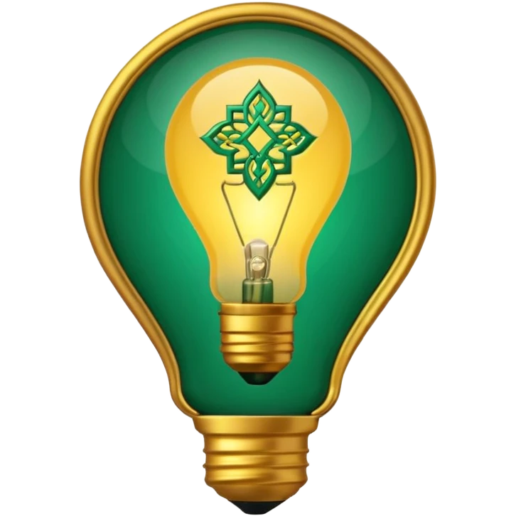 3D emoji, light bulb with Moroccan arabesque pattern inside, golden frame, glowing light, emerald green and gold colors, minimalist, white background. emoji
