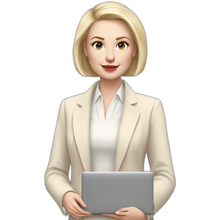 pale skin woman with ash blonde Straightened bob Hair, White Spacious classical jacket, beige palazzo Arrow pants and gray blouse holding a MacBook in the hands emoji