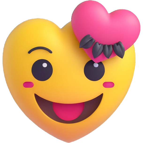 3D smiley emoji, large eyelashes, girly, heart-shaped hair clip, happy emoji