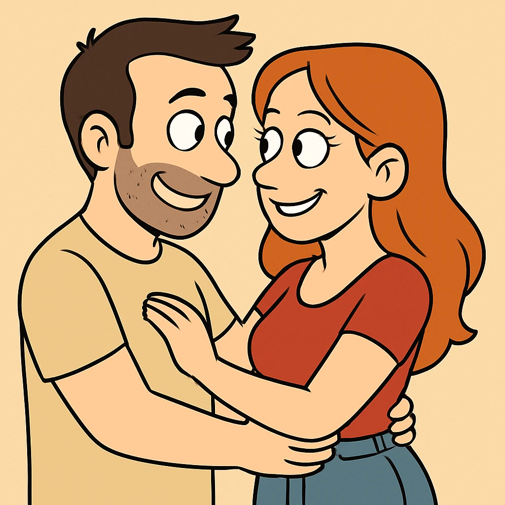 Change the scene so the woman and man are in love, smiling at each other, affectionate body language, same flat toon style and bold colors emoji