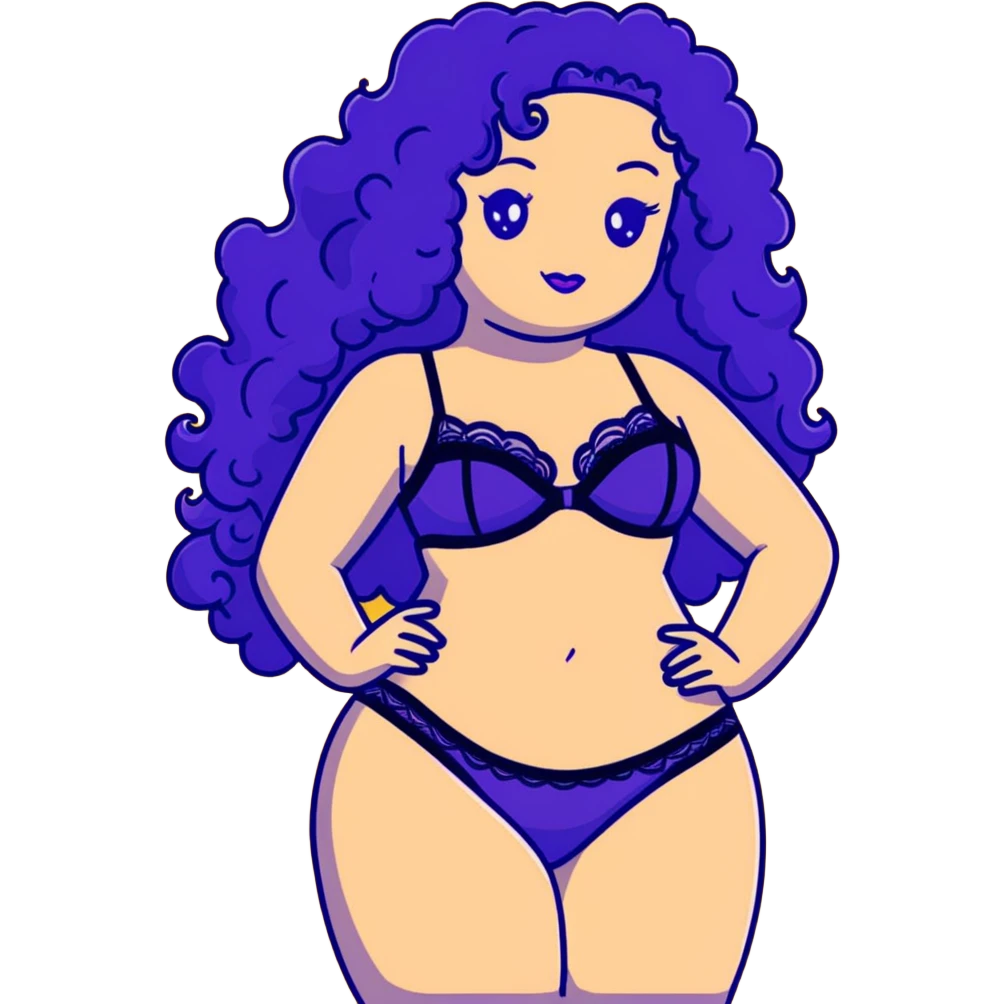 Extra long, dark purple, curly hair, beautiful girl, and black lingerie emoji