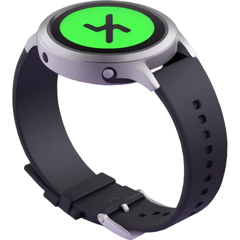 high-tech alien wrist device, futuristic watch design, black body with metallic silver accents, glowing neon green circular screen in center with alien X-shaped symbol, screen illuminated, advanced and durable, sci-fi space lab vibe, 3D emoji style emoji