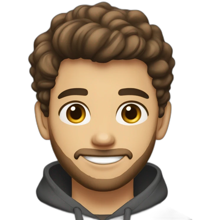 young man  fit with short beard smiling medium long curvy rockabilly style brown hair with light skin and dark brown eyes wearing dark gray sweatshirt hoodie emoji