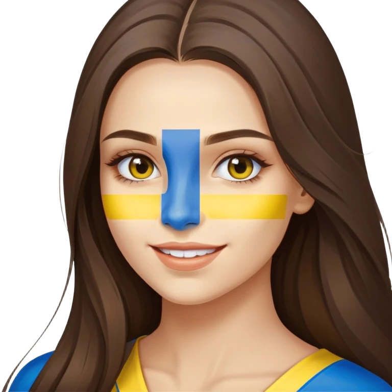 Brunette woman with long hair, Ukrainian flag (blue and yellow) painted on her cheek, happy expression emoji