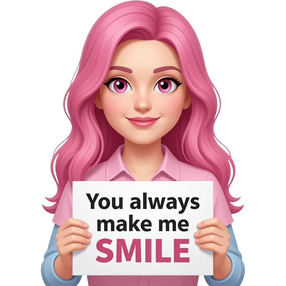 sexy girl with long pink hair and pink eyes wearing a holding a You always make me SMILE sign emoji
