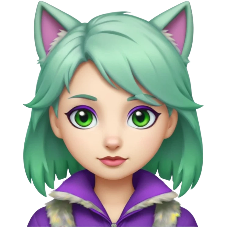 Roxanne Wolf as a cute emoji, silver fur, green hair, purple eyes, confident expression emoji