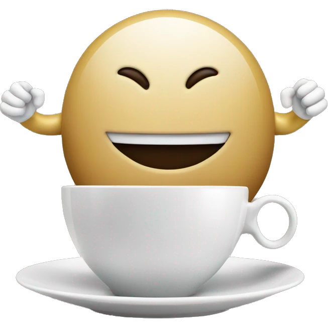 a computer with arms and a smile face on screen with coffe emoji