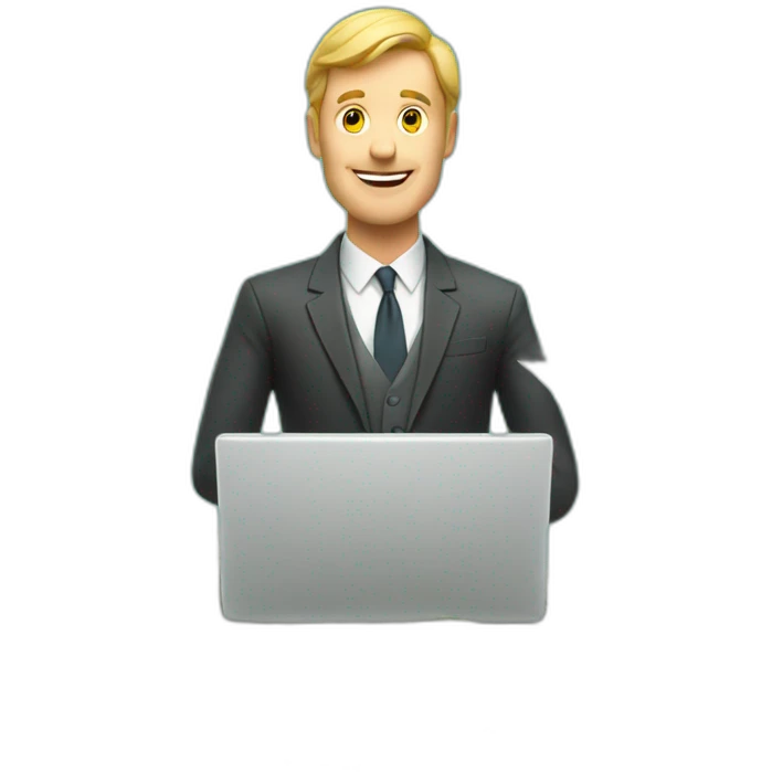 Rich white man with laptop and dollars flying around emoji