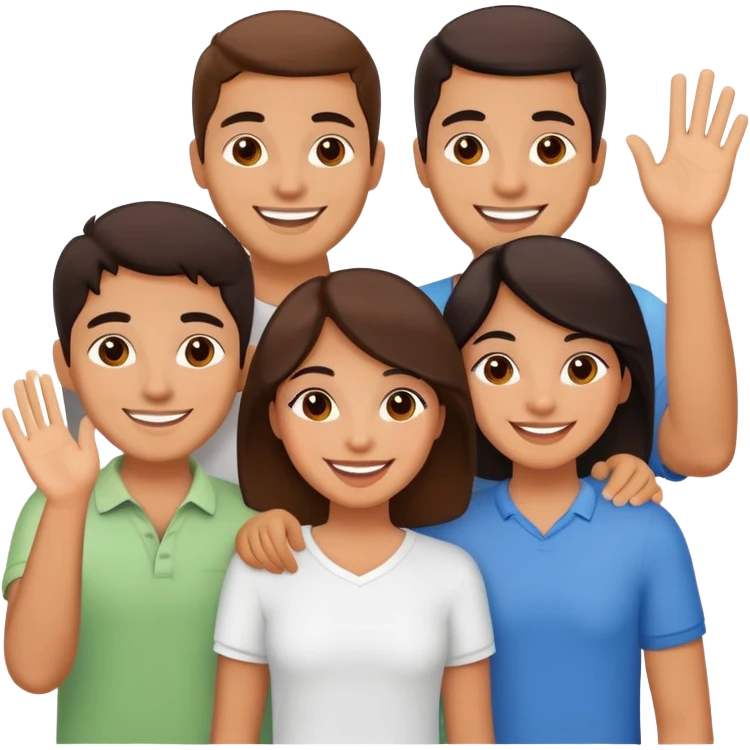 Group of Latino friends with warm smiles, relaxed poses, some waving, others mid-chat – friendly and lively vibe emoji
