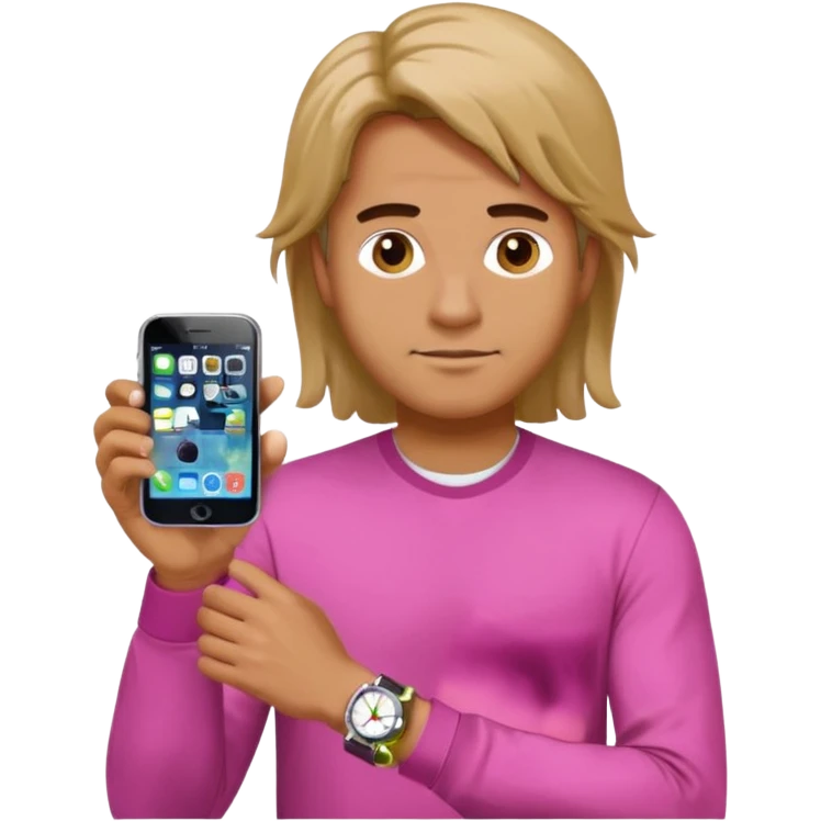 man wearing a pink long sleeve shirt, loose hair, wearing a watch on the arm, holding a cellphone in hand, apple emoji style emoji
