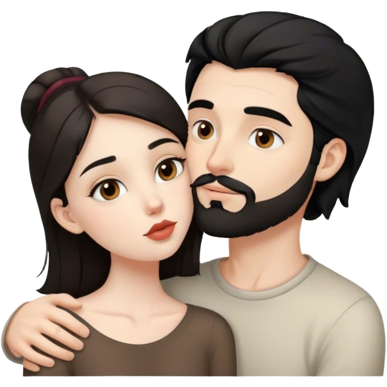 beautiful pale brunette girl with brown eyes kisses pale man black hair small beard grey eyes emoji