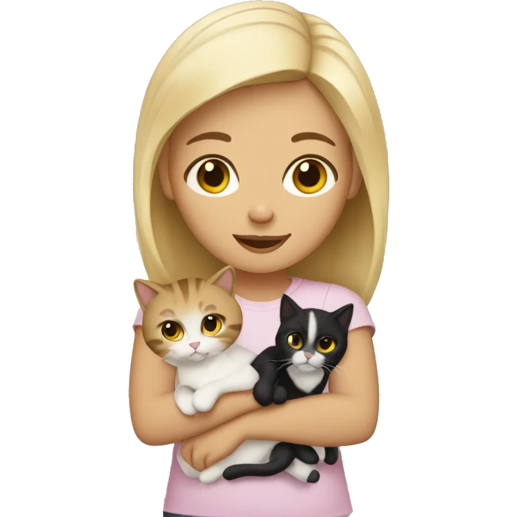a blonde girl with brown eyes holding 3 cats, two white and one black. emoji