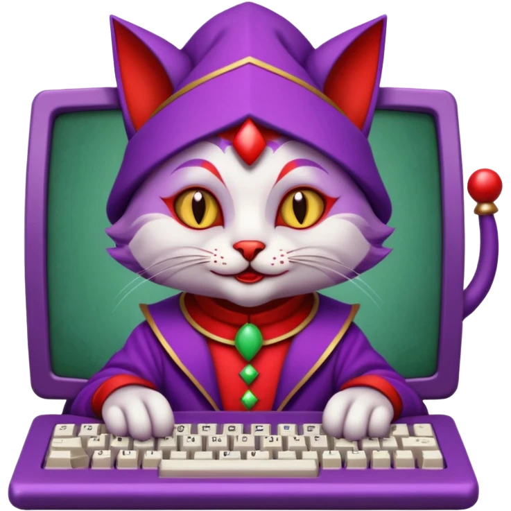 crazy colorful cute little cat jolly joker from poker, medieval, vintage, court jester, mac os icon, purple and red color, half body. The cat is represented as Code inside a retro computer terminal emoji
