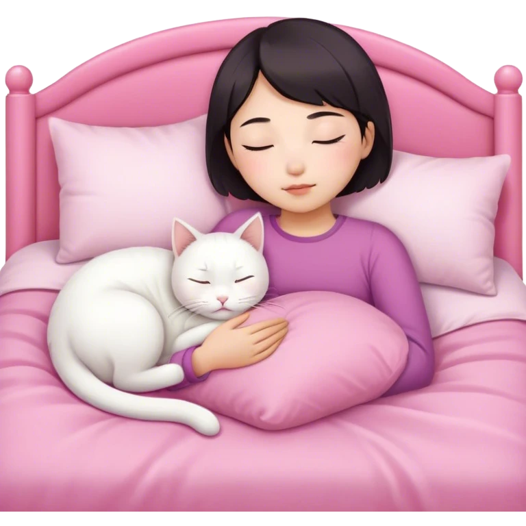 White cat sleeping with Asian girl short hair in pinky bed  emoji