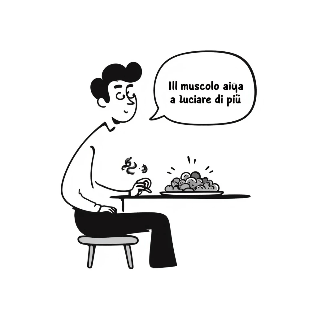 Uomo che mangia sano ma non riesce a dimagrire, piatto di insalata e pollo, corpo magro ma poco tonico, testo in italiano: “Il muscolo aiuta a bruciare di più”. emoji