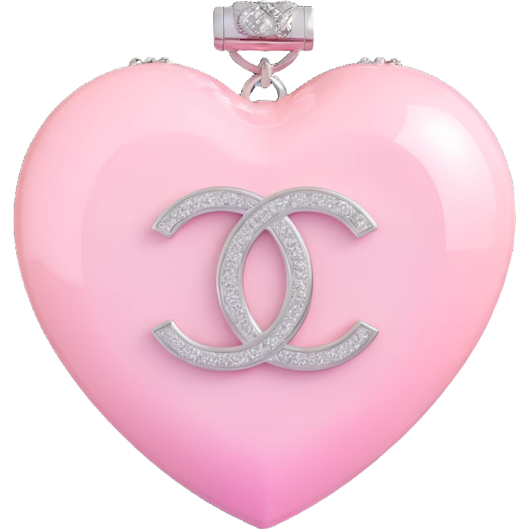 Add a soft pink glow around the glossy white heart with diamond accent and silver Chanel logo, elegant, white and silver color scheme, keep the background transparent except for the glow. emoji