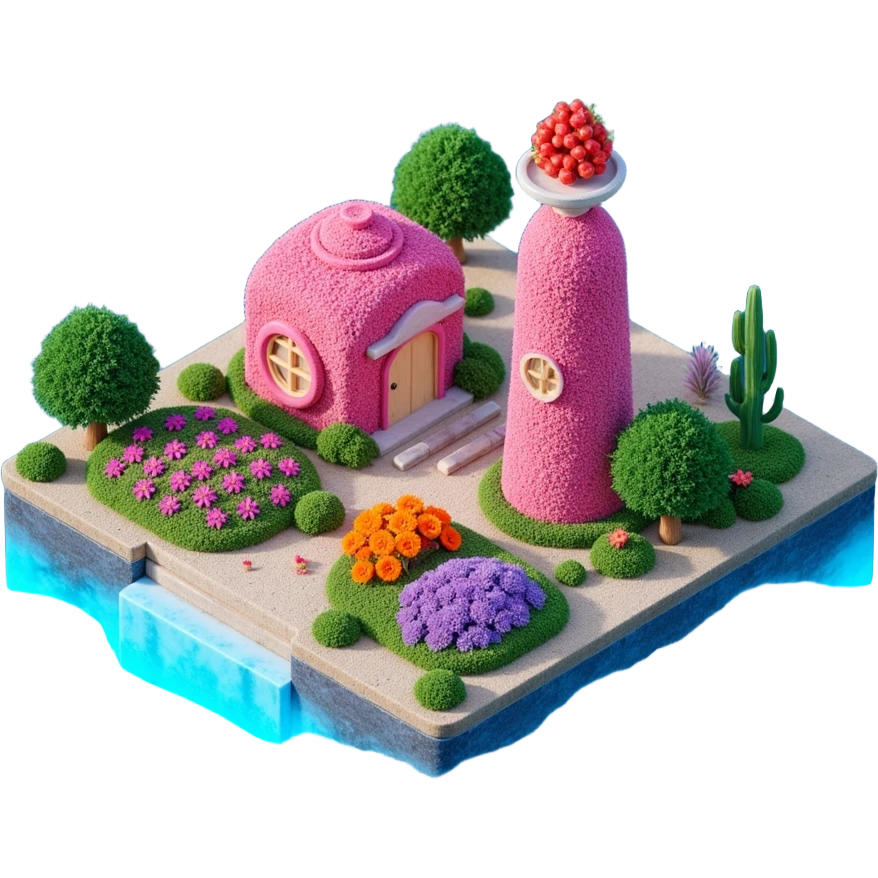 Exterior view of a floating coral farm built on a small square platform above glowing ocean waves, candy-colored coral structures shaped like farm buildings, seaweed fields and bioluminescent vegetables growing from wet soil, surreal atmosphere, no robots, emoji-style emoji