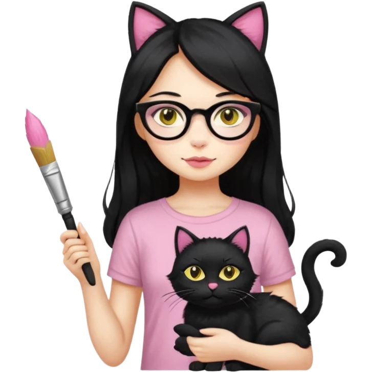 Painting women. smilling   Long black hair,  lunette peinture top pink, pinceau with is black cat  emoji