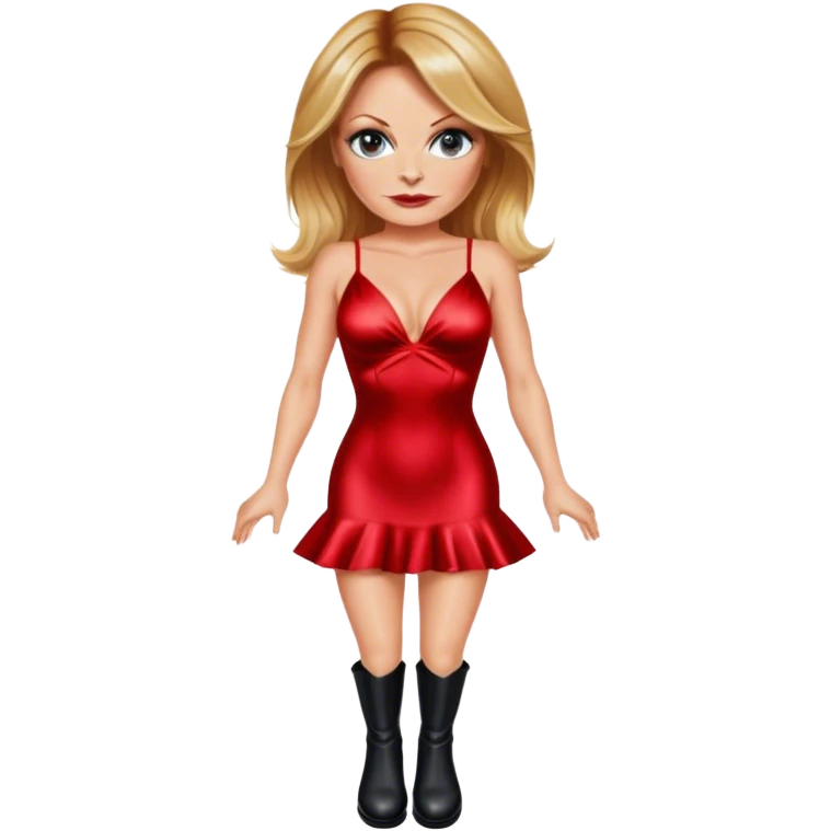 Geri halliwell wearing a short, low cut, tight red satin dress with black boots emoji