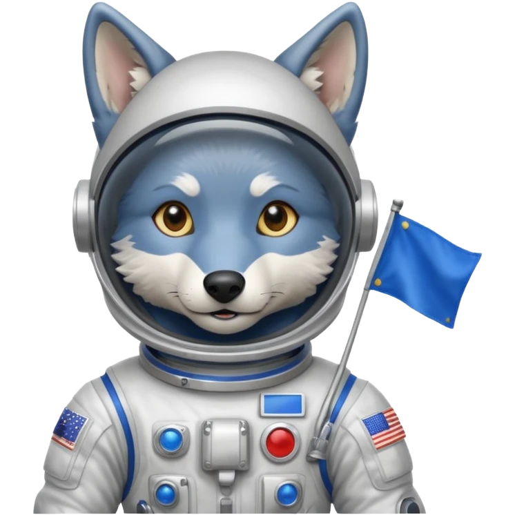 a wolf in space suit, holding blue rectangle flag emoji