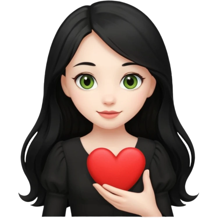 Pale girl with long black hair and olive green eyes soft smile wearing black dress and holding a heart emoji