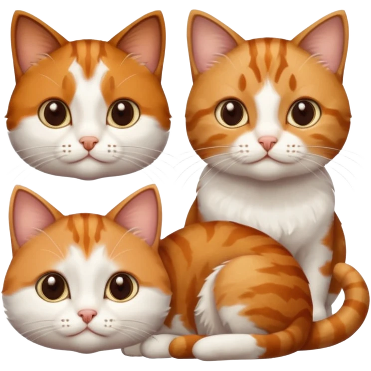3 small cats each are different colours including a brown tabby and white, a patchy calico, and a ginger and white emoji