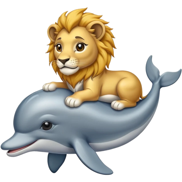 Make a Lion in the back of a delfin the delfin is sitting like a dog emoji