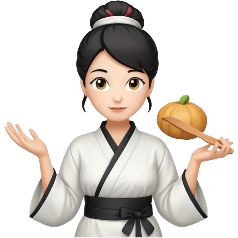 middle age mom with black bun wearing white home kimono and white apron emoji