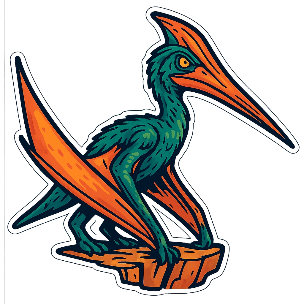 Convert the image to a sticker style with bold outlines and vibrant colors. Keep only the Quetzalcoatlus dinosaur and remove the background. The style should resemble cartoonish stickers with a clean and bold look. emoji