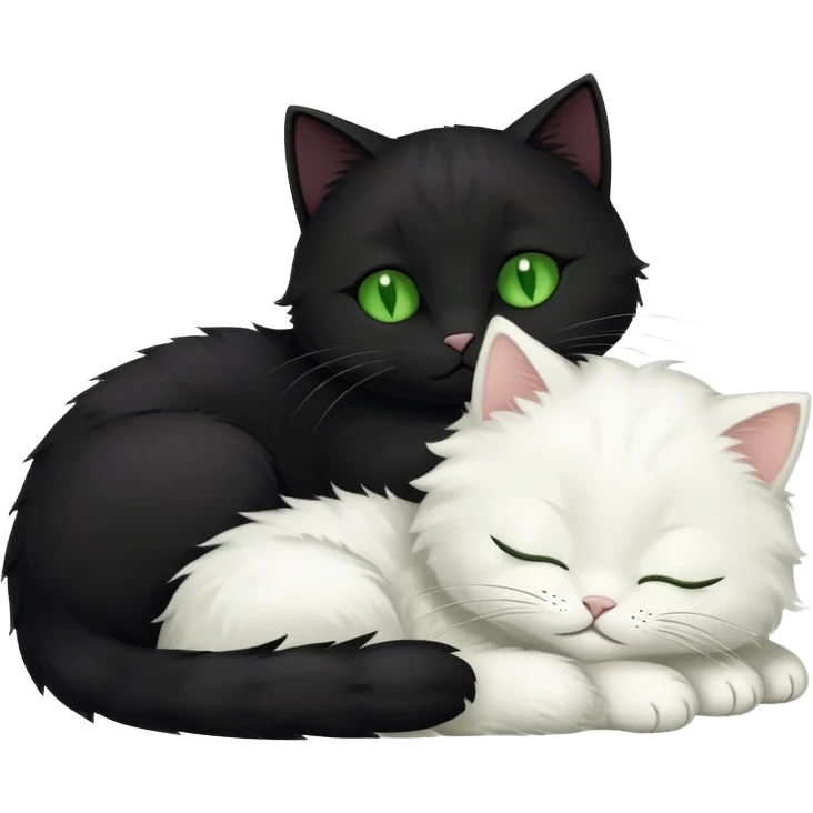 Big black cat with green eyes is sleeping with a small white cat emoji
