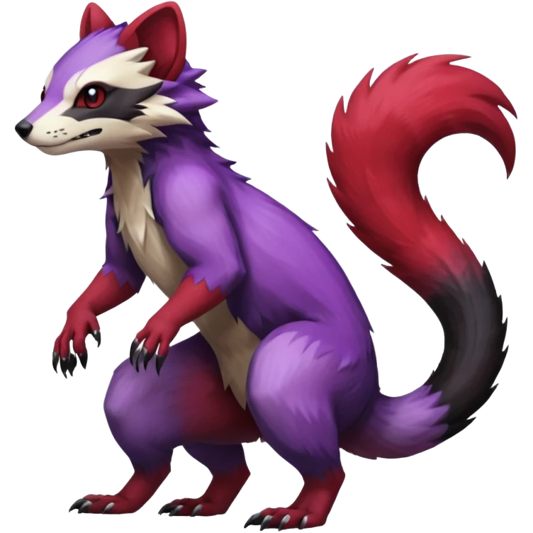 Purple, red, black Trico-Sergal-Furret-Ferret-Wolverine-Vernid-fusion-Fakemon-animal-hybrid-creature, full body emoji