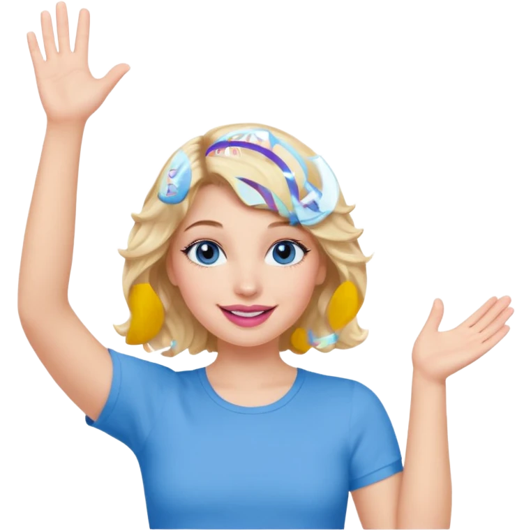 Girl Blonde short wavy hair,  blue eyes, cute blue top, long lashes, pink lips, smiling, hand in the air emoji